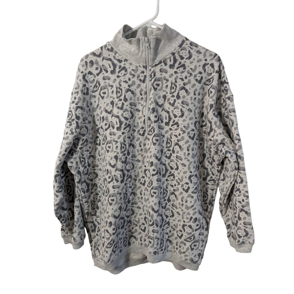Aerie 1/2 Zip Sweatshirt Oversized Cheetah Animal Print Grey Medium